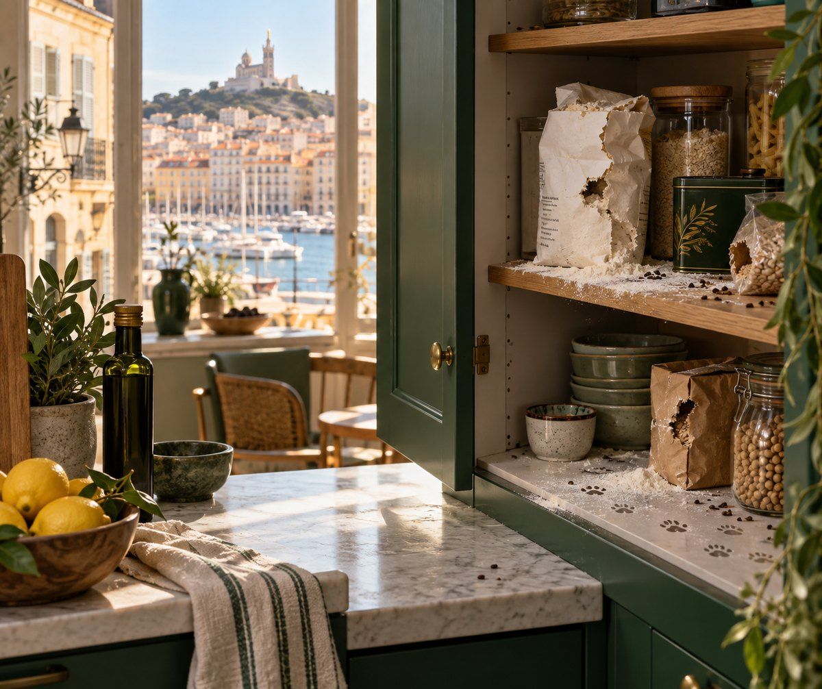 Vérification sous les meubles d'une cuisine marseillaise